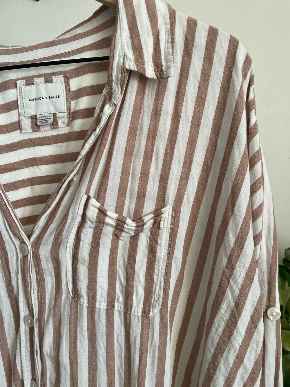 Aerie Neutral Striped Button Up